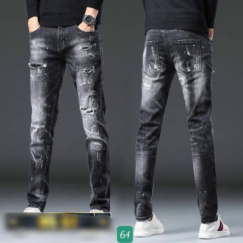 Quần Jeans Nam Chất Bò Rin Cao Cấp Đen Rách Vẩy Sơn Co Giãn Ống Côn Dáng Ôm Basic T15 ⚡ "