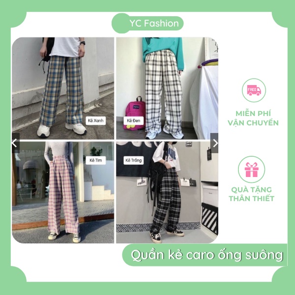 Quần Kẻ Caro Nữ Ống Rộng [Freeship] Quần Dáng Rộng Ống Suông Ulzzang Cạp Chun Lưng Cao Full Màu SP1