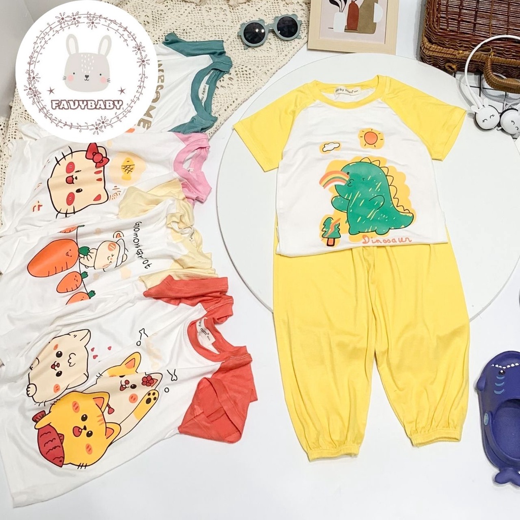 Bộ MINKY MOM Bé Trai Bé Gái Alibaba Cộc Tay Hoạ Tiết Hoạt Hình Mèo Thỏ Cua Bé Đi Học Đi Chơi 0 1 2 3 4 5 Tuổi - Favybaby