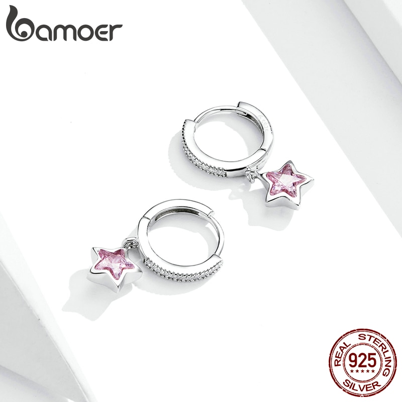 Khuyên tai Bamoer BSE414 Bạc 925 thiết kế hình ngôi sao màu hồng lấp lánh thời trang cho nữ