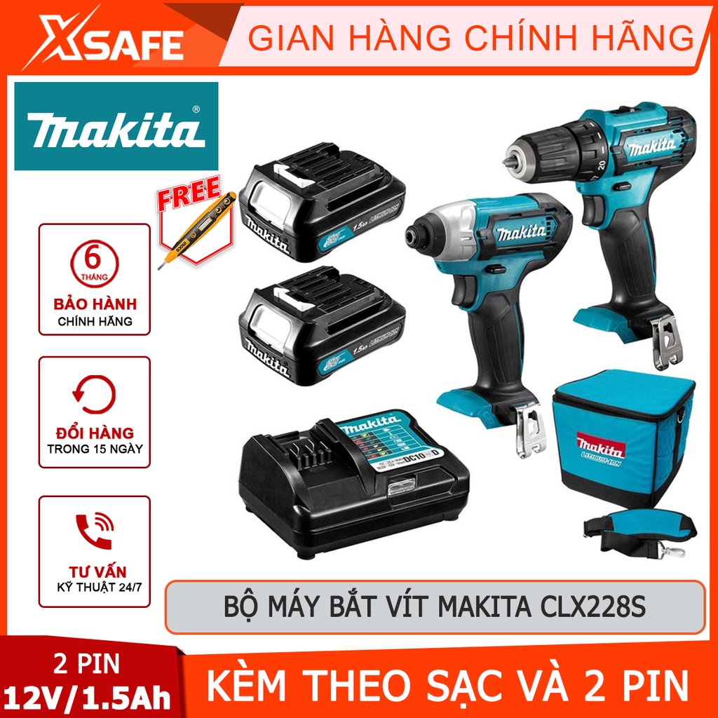 Bộ máy bắt vít dùng pin MAKITA CLX228S Bộ máy khoan pin, vặn vít dùng pin sạc nhanh DC10SB, kèm 2 pin 12V 1.5Ah - XSAFE