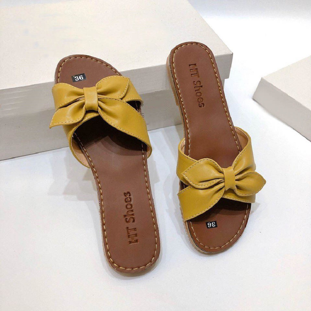 [BẢO HÀNH 12 THÁNG] dép nữ da quai ngang thắt nơ hình lá cây HÀNG LOẠI 1