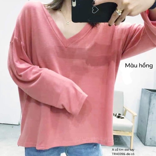 Áo thun trơn cổ tim dài tay -TR