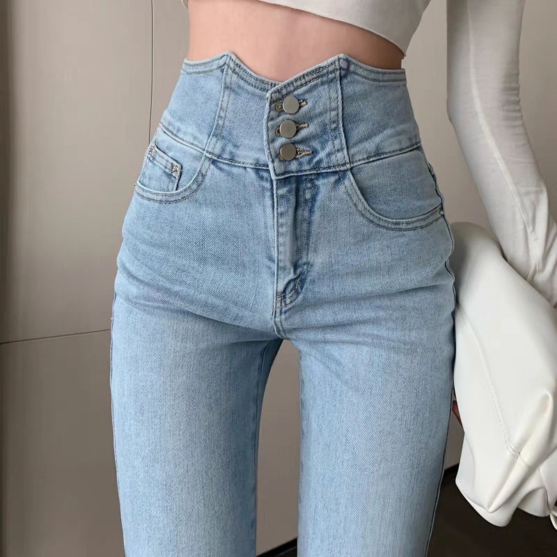 Quần jeans cạp cao ống rộng xẻ tà chất đẹp y hình