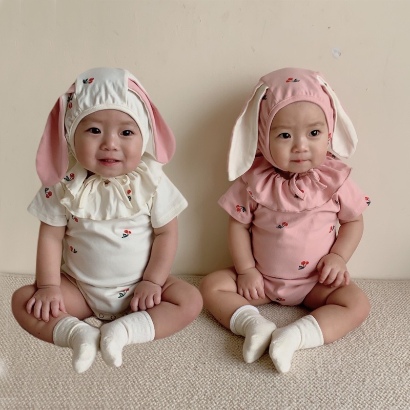 Bộ Áo Liền Quần Tay Ngắn + Mũ Tai Thỏ Thời Trang Mùa Hè Cho Bé Gái Sơ Sinh
