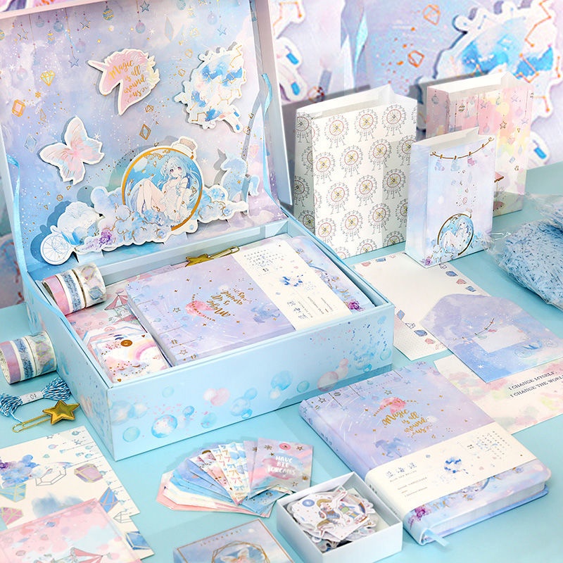 Một bộ Sổ tay + Hình dán + Băng keo + Bưu thiếp + Hộp quà-Cô gái Học sinh