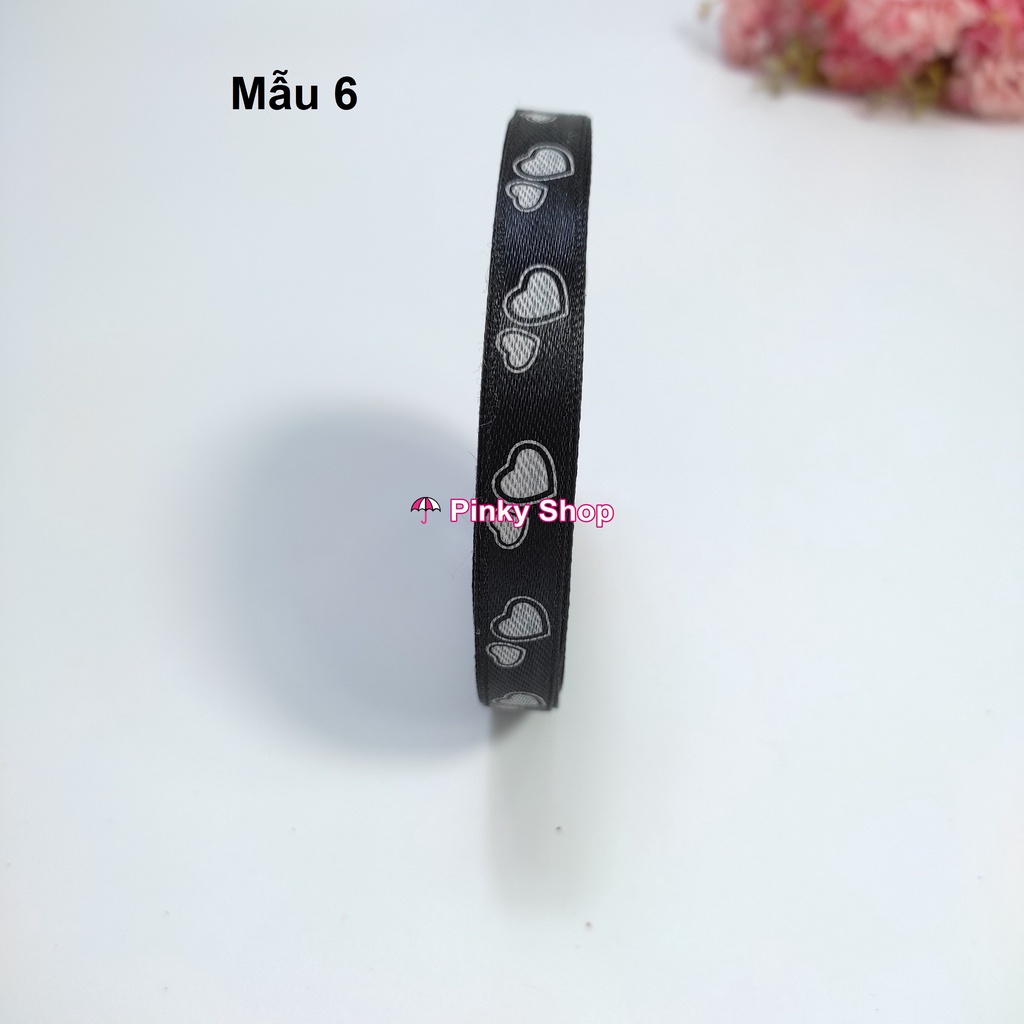 [Giá rẻ] Ruy băng lụa vải họa tiết trái tim 1cm cuộn 20m dùng may đồ làm phụ kiện handmade Pinky Shop mã RBHT-1CM