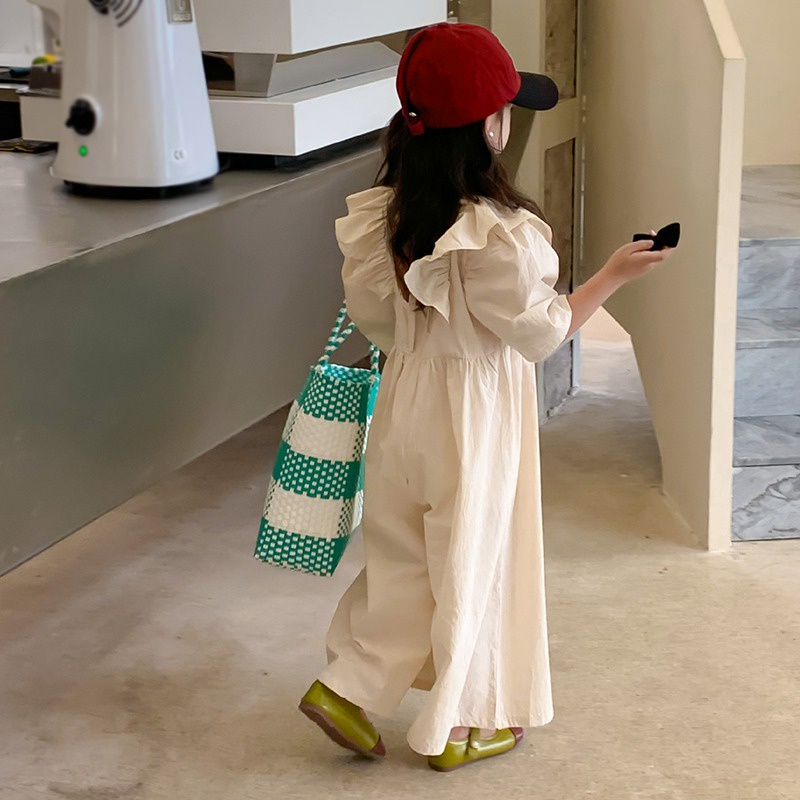 Áo Liền Quần Cổ Cánh Hoa Tay Ngắn Màu Trơn Thời Trang Mùa Hè Cho Bé Gái Se7en