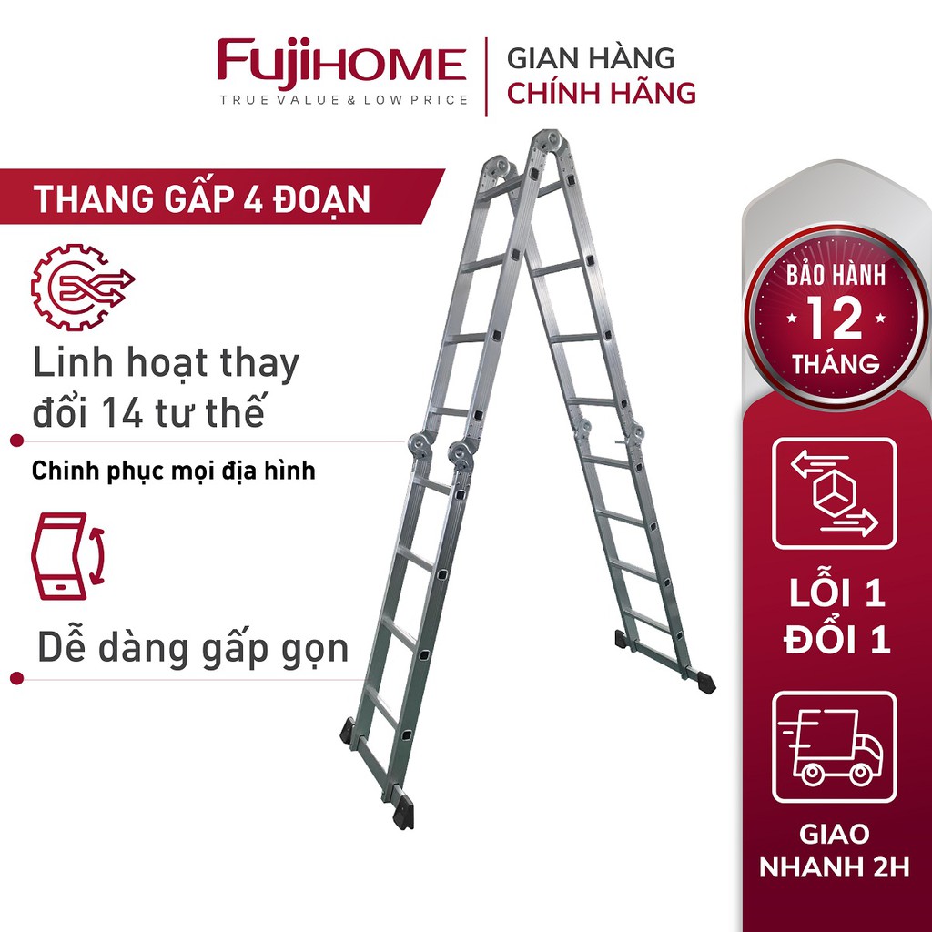 Thang nhôm gấp 4 đoạn Nhập Khẩu 4,7 mét siêu đa năng FUJIHOME, thang chữ M xếp gọn 4 khúc gia đình aluminum ladder
