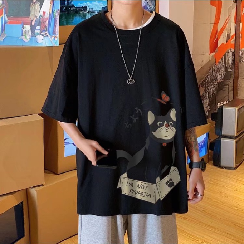Áo Thun Nam Tay Ngắn Dáng Rộng In Hình Mèo Hoạt Hình Phong Cách Hip Hop Thời Trang Mùa Hè Mới size M-8XL