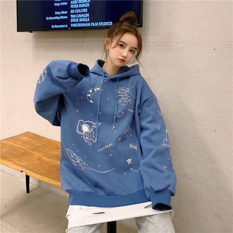 Áo hoodie nữ dài tay họa tiết ngoài hành tinh phom rộng unisex/ Áo nỉ có mũ in họa tiết trẻ trung cá tính