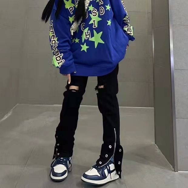 Quần Jean Rách Gối Plus Size Phối Khóa Kéo Phong Cách Hip Hop Đường Phố Cá Tính