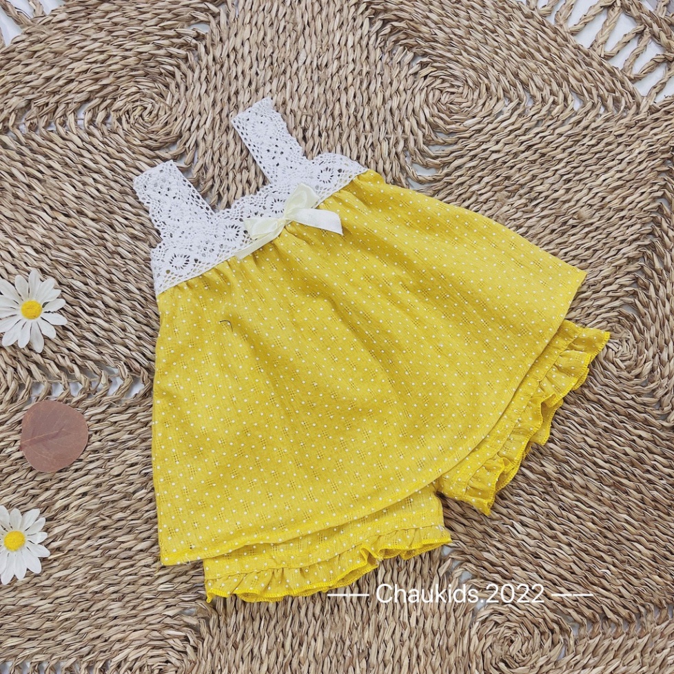 Bộ 2 dây bé gái chất thô mềm mịn, Bộ chấm bi dây ren trắng bé gái