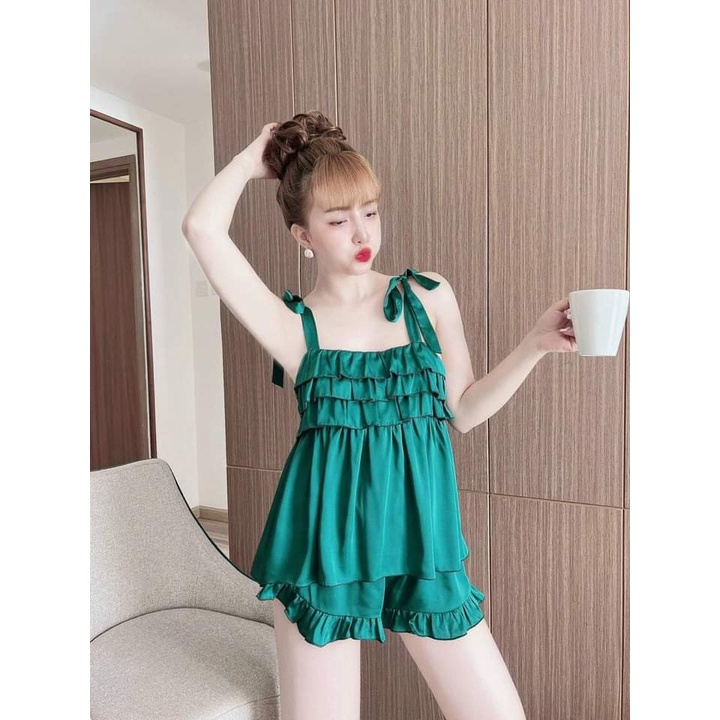 Đồ bộ ngủ nữ sexy gợi cảm quần đùi 2 dây viền bèo - CN08 | BigBuy360 - bigbuy360.vn