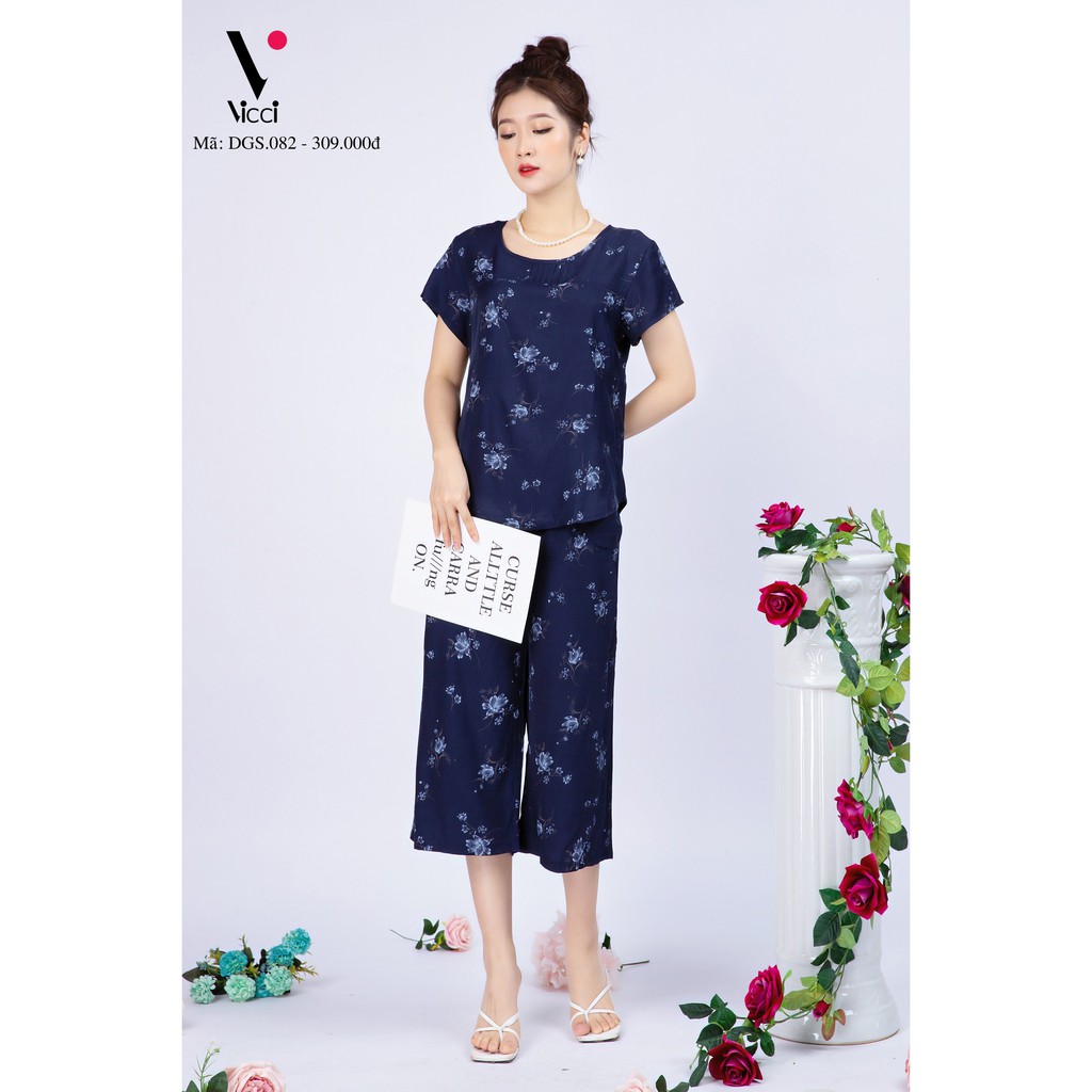 Bộ đồ nữ mặc nhà trung niên cho các bà, các mẹ - Bộ đũi trung niên Vicci DGS.082, thiết kế áo cộc tay phối quần ống sớ i