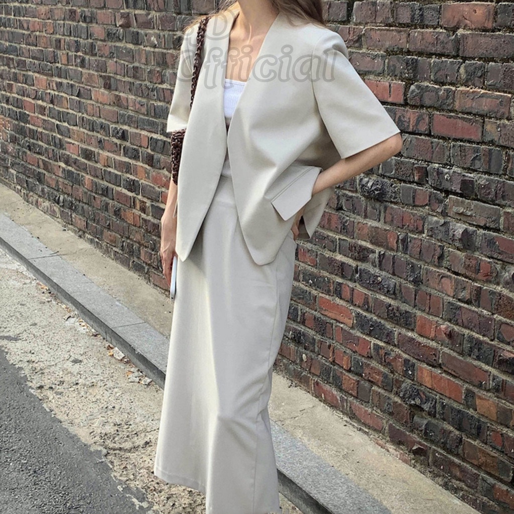 B13|Set/Bộ vest/blazer/công sở nữ áo khoác ngắn lửng cộc tay cổ chữ V, váy cạp/lưng cao ống thẳng rộng suông GD Official