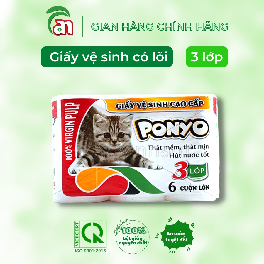 Giấy vệ sinh cuộn nhỏ có lõi PONYO con mèo 3 lớp cao cấp, siêu dày và mịn 06 cuộn/lốc - Thiên An Nam paper