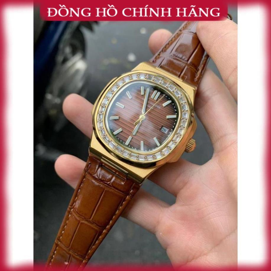 Đồng hồ Nam PPatekkx vuông cơ Automatic size 40mm vành đá mặt nâu cafe vỏ vàng gold dây da nâu Wah