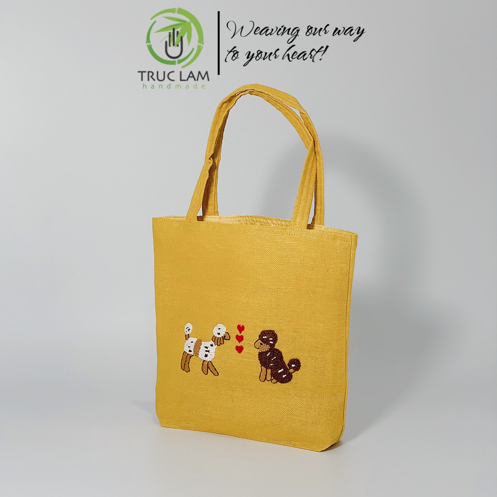 Túi Xách Vải Linen Thêu Tay Họa Tiết Hai Chú Chó (A) - Trúc Lâm Handmade