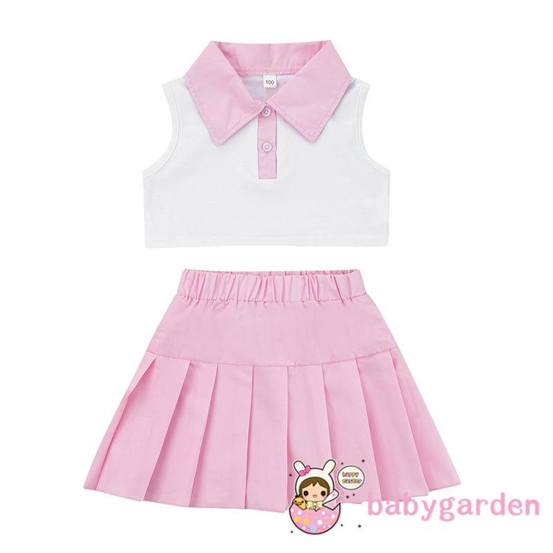 Bộ Áo Thun Không Tay Cài Khuy + Chân Váy Xếp Ly Thời Trang Mùa Hè Cho Bé Gái 2-7 Tuổi