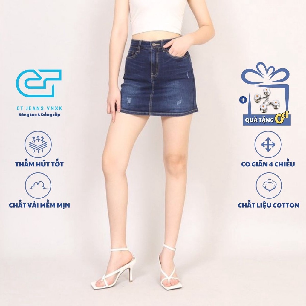 Quần Váy Jean Nữ Dáng A xước Gấu Thường CT Jeans