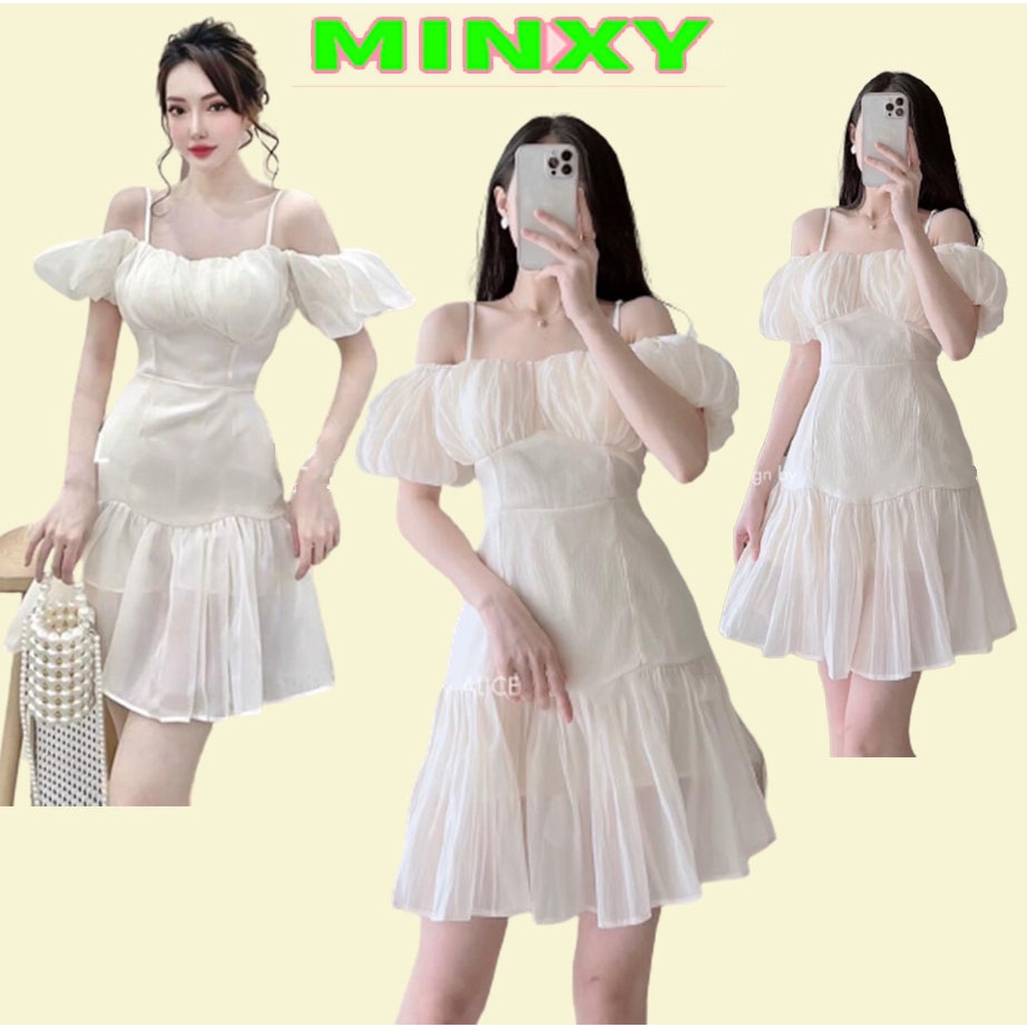 Váy tơ 2 dây trễ vai hai lớp đầm tây bồng hnagf thiết kế-MINXY SHOP