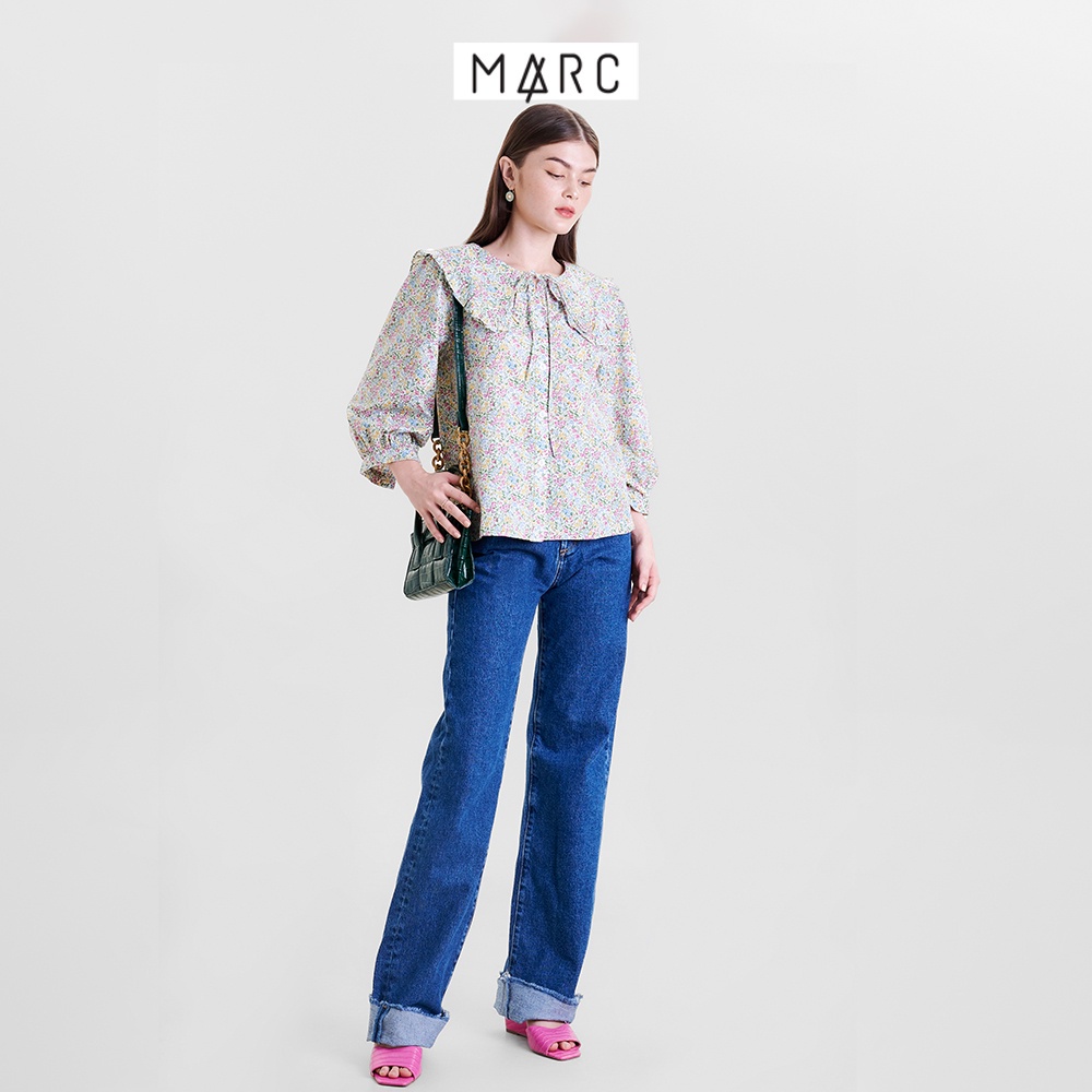 Áo kiểu sơ mi nữ MARC FASHION họa tiết hoa nhấn lá cổ