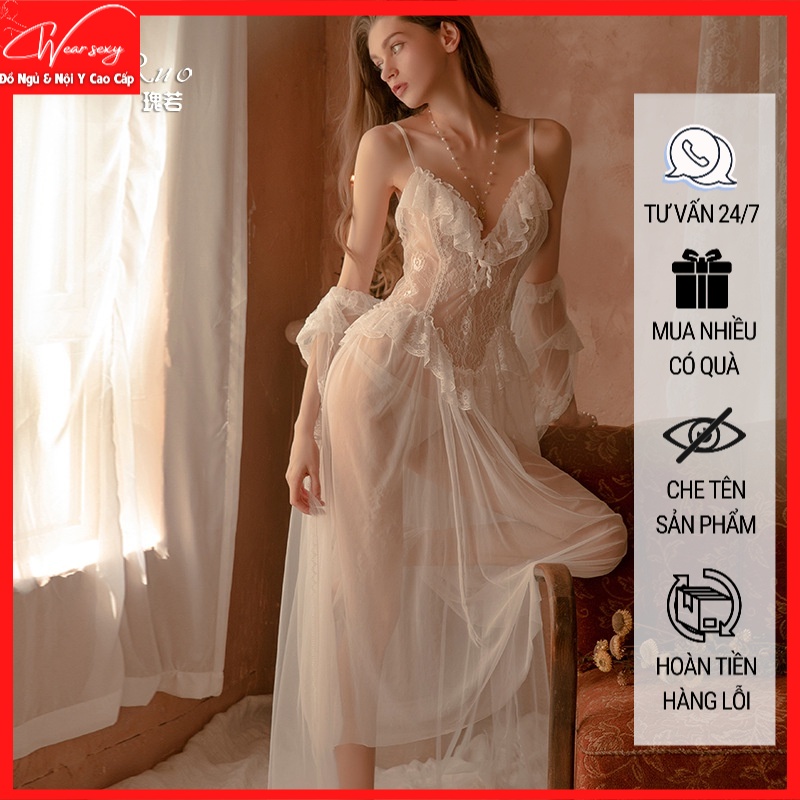 Váy Ngủ Hai Dây Sexy Gợi Cảm Quyến Rũ Kèm Áo Choàng Ren [CWEAR.SEXY_ĐỒ NGỦ &amp; NỘI Y CAO CẤP]