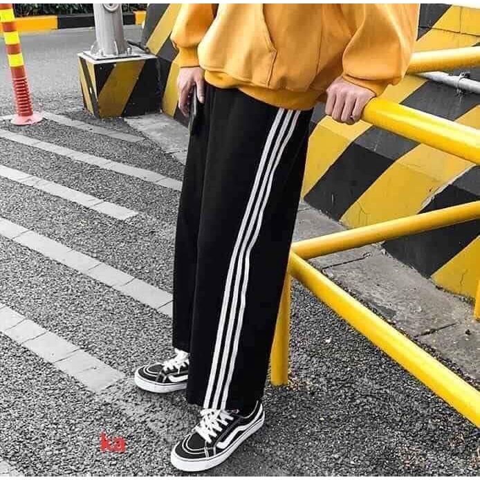 Quần Thể Thao 3 Sọc Ống Suông Rộng Quần Culottes Cạp Chun Viền 3 Sọc Trắng Freesize Form Rộng