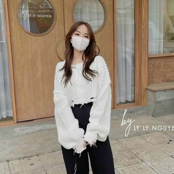Áo len rách croptop tay dài