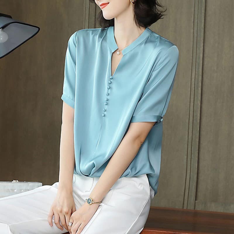 258400-1 - Áo lụa tay ngắn mặc hè hàng nhập - giá 420k