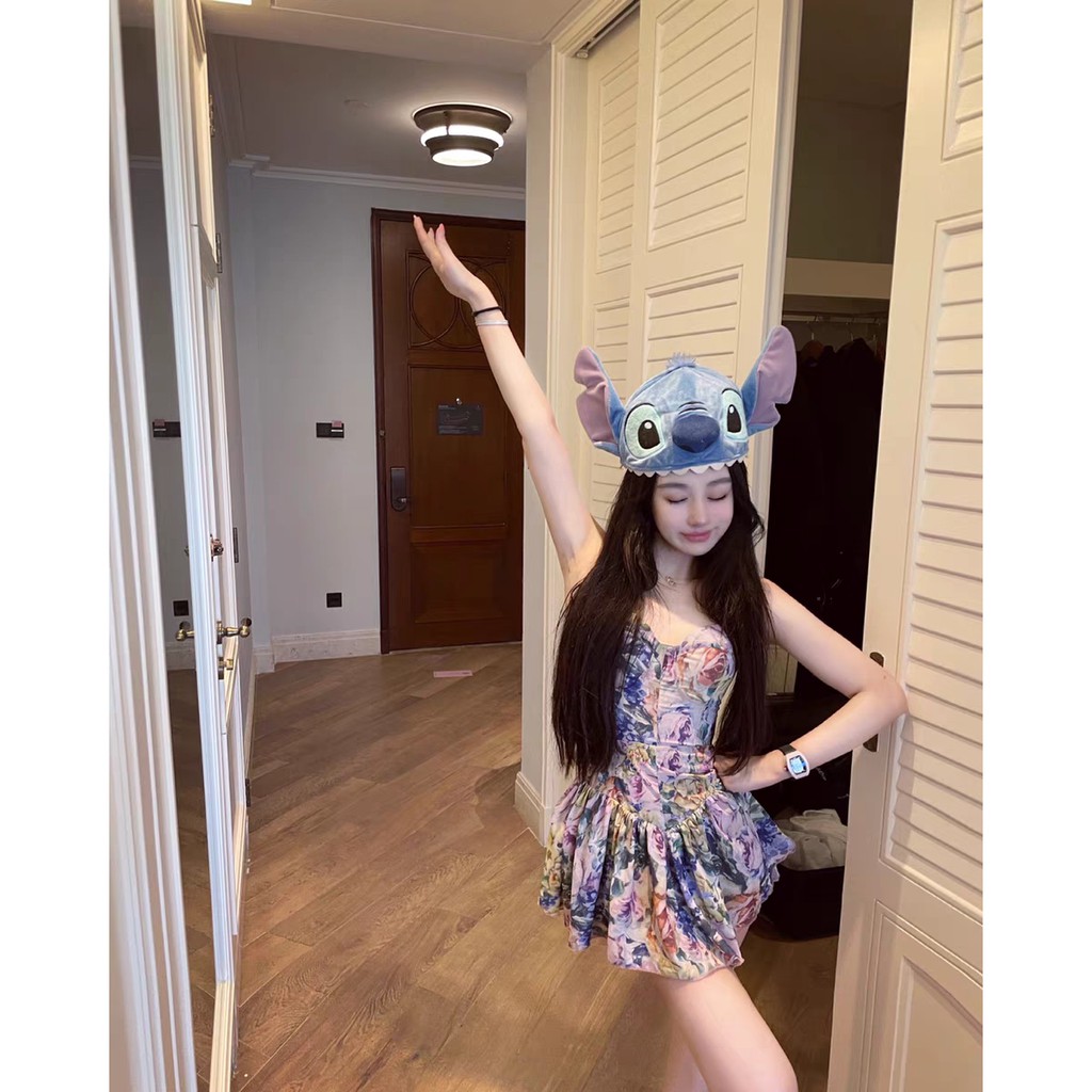 Đầm hai dây hoa hè tông tím xòe ly đi biển dạo phố Jennie