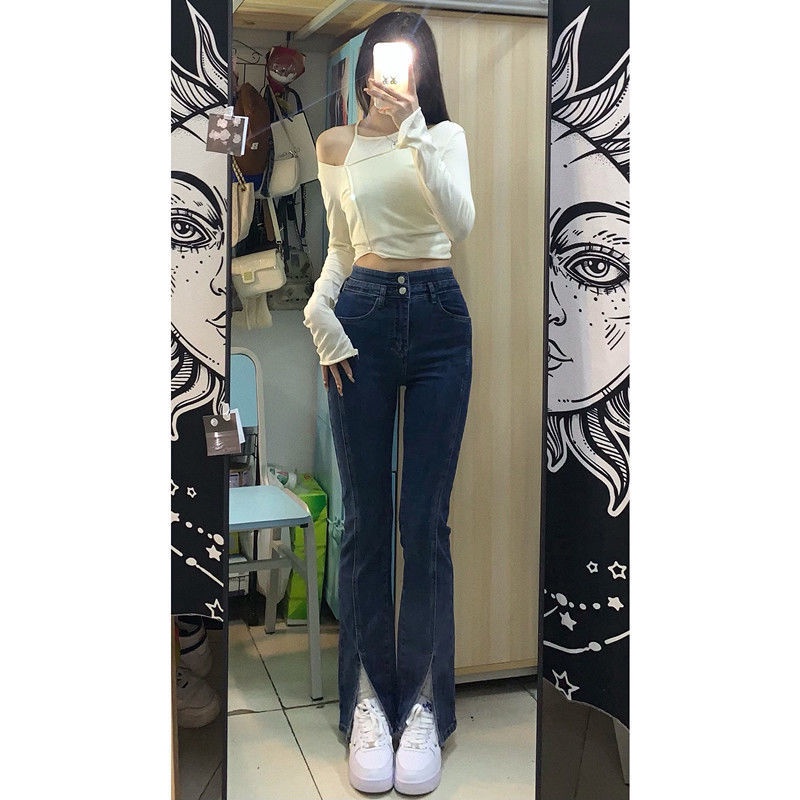 Cocory vn Quần Jeans Nữ Ống Loe Xẻ Tà Thời Trang