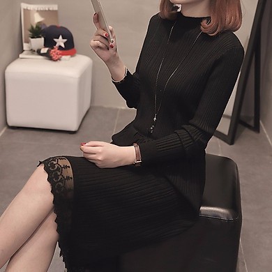 Đầm Bầu Thu Đông : Váy Len Maxi Kiểu Dáng Hàn Quốc Phối Ren Điều Chình Eo