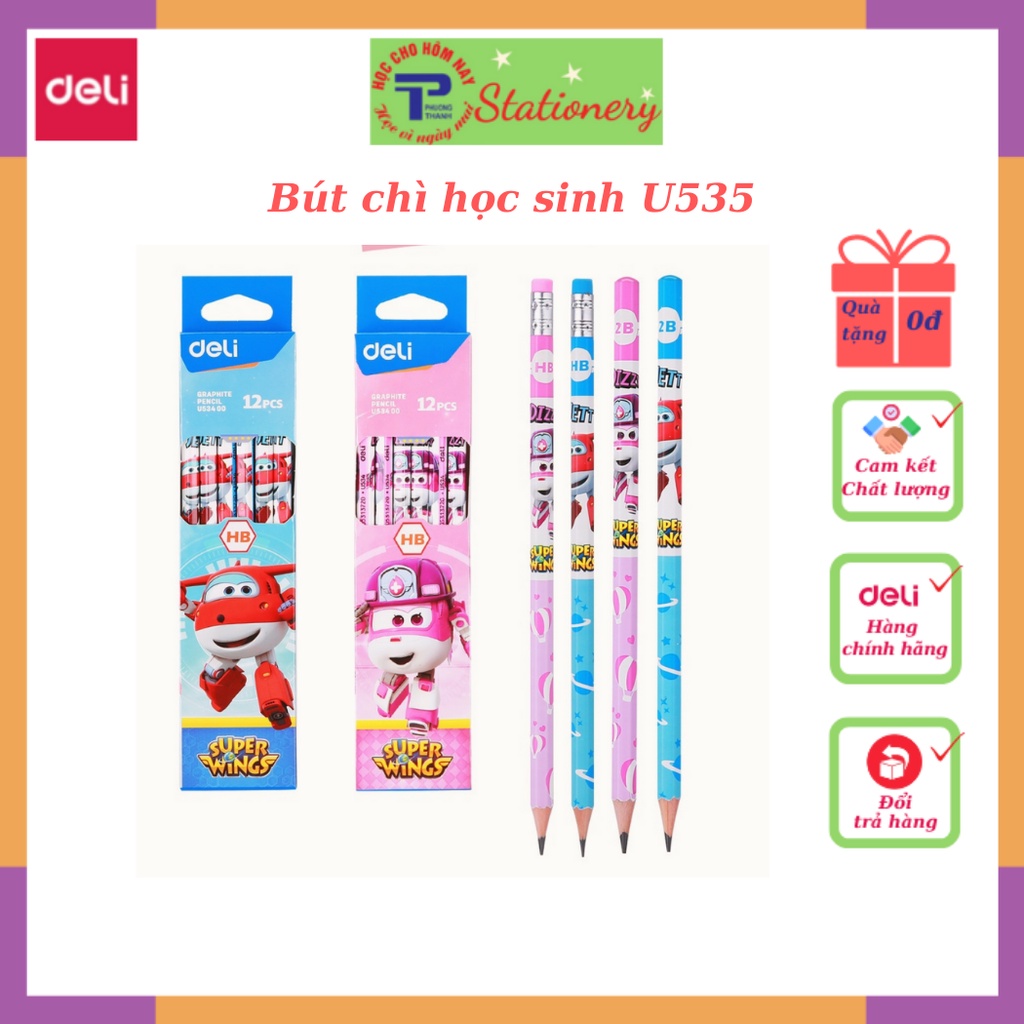 Bút chì 2B Deli- kèm đầu tẩy họa tiết hoạt hình đáng yêu, an toàn với trẻ nhỏ- U53500