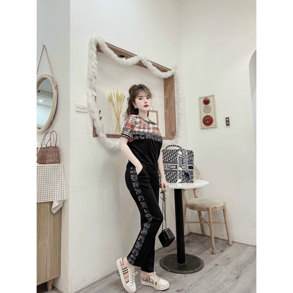Đồ bộ thể thao thun cotton nữ phối họa tiết viền chữ Bencid