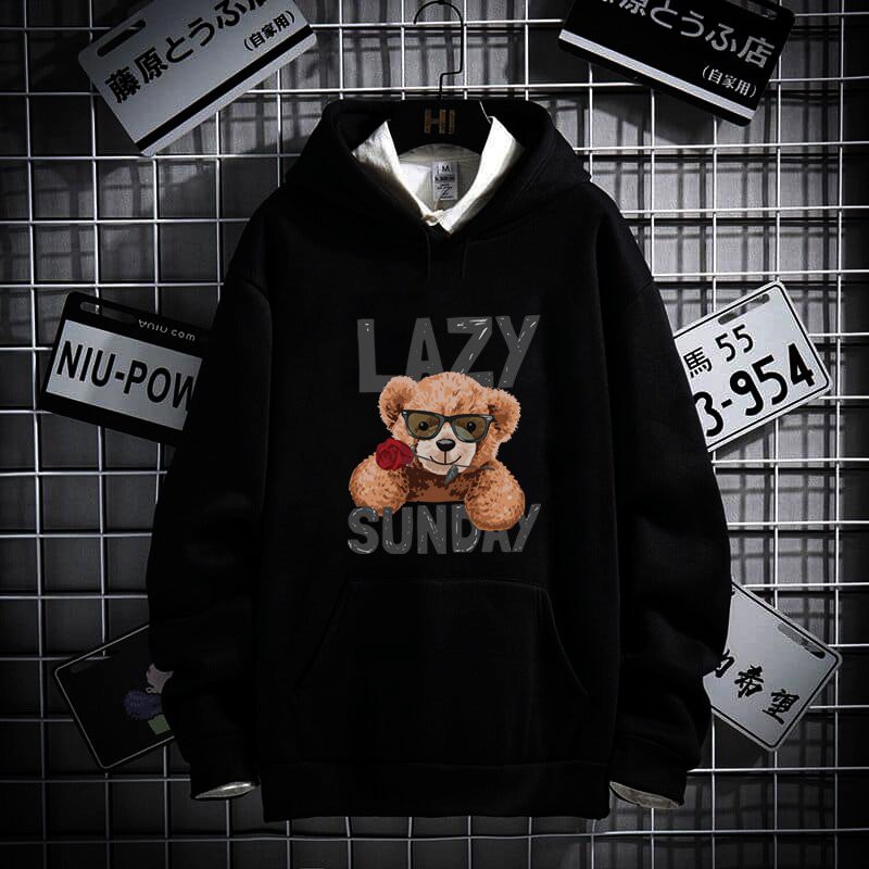 Áo Nỉ Hoodie gấu nâu ngậm hoa cực ngầu LAZY SUNDAY [FREESHIP] Áo nỉ dày dặn, áo nỉ nữ đẹp, áo hoodie