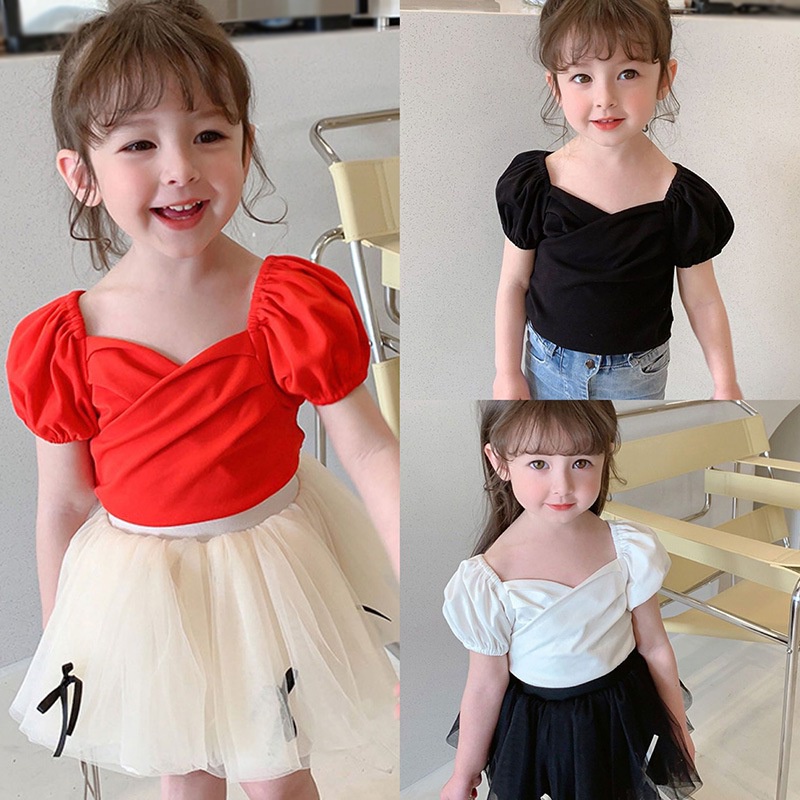 Áo Thun Tay Ngắn Phồng Thời Trang Mùa Hè Cho Bé Gái