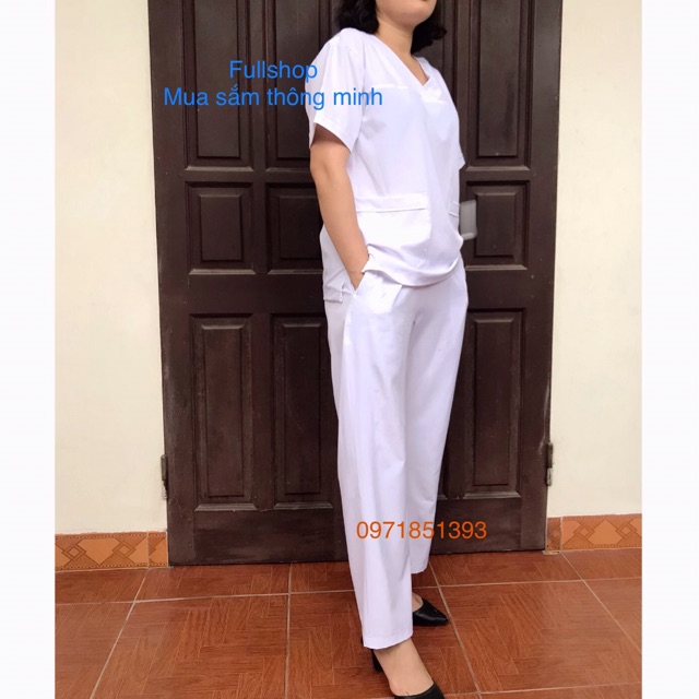 Bộ quần áo nam nữ cổ tim cho bác sĩ, y tá, điều dưỡng - bộ scrubs kỹ thuật viên màu trắng