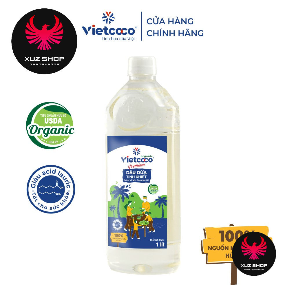 1 LÍT- Dầu dừa ép lạnh hữu cơ Vietcoco dưỡng da, dưỡng tóc, dưỡng mi, mỹ phẩm