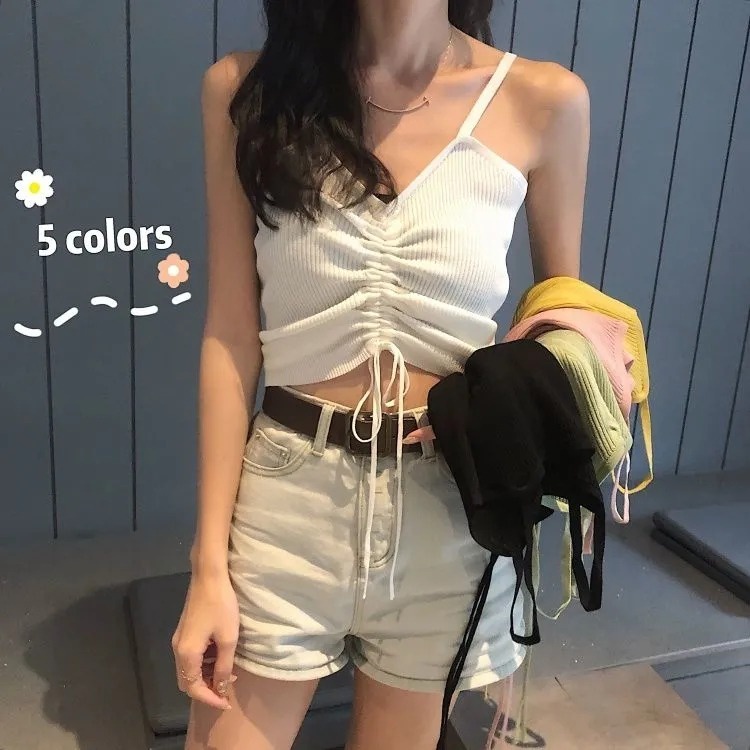 Áo camisole ZHELIHANGFEI dệt kim phối dây rút xinh xắn cho nữ