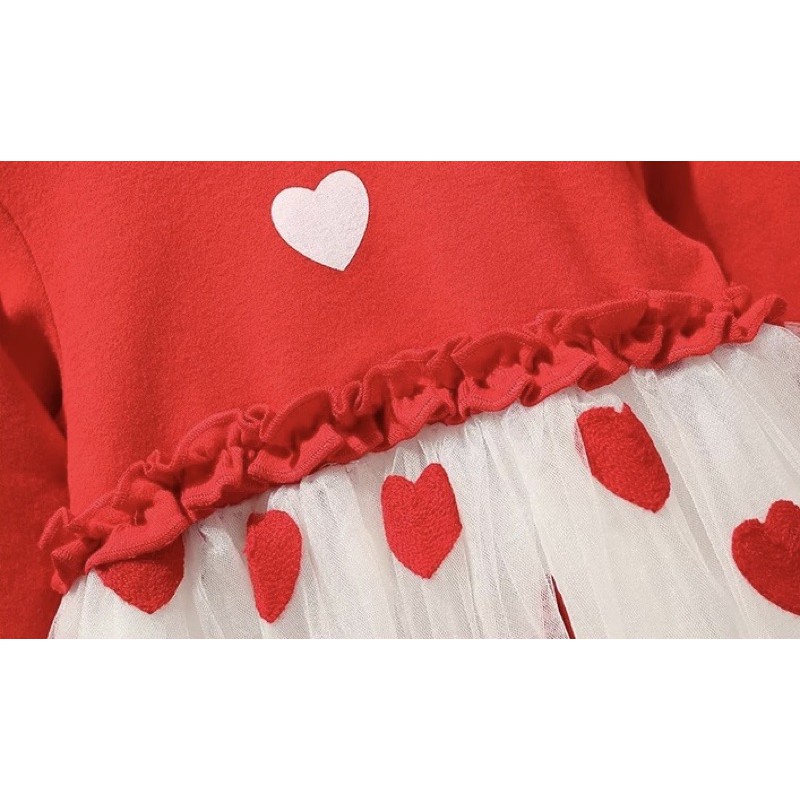 Váy cotton dài tay chân voan hồng hạc, trái tim đỏ 1-6Y