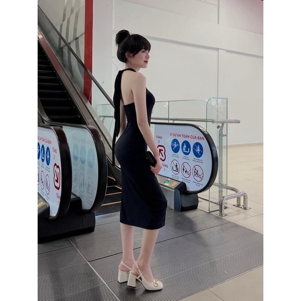 Đầm body cổ yếm gân xẻ tà 2 màu xanh - đen