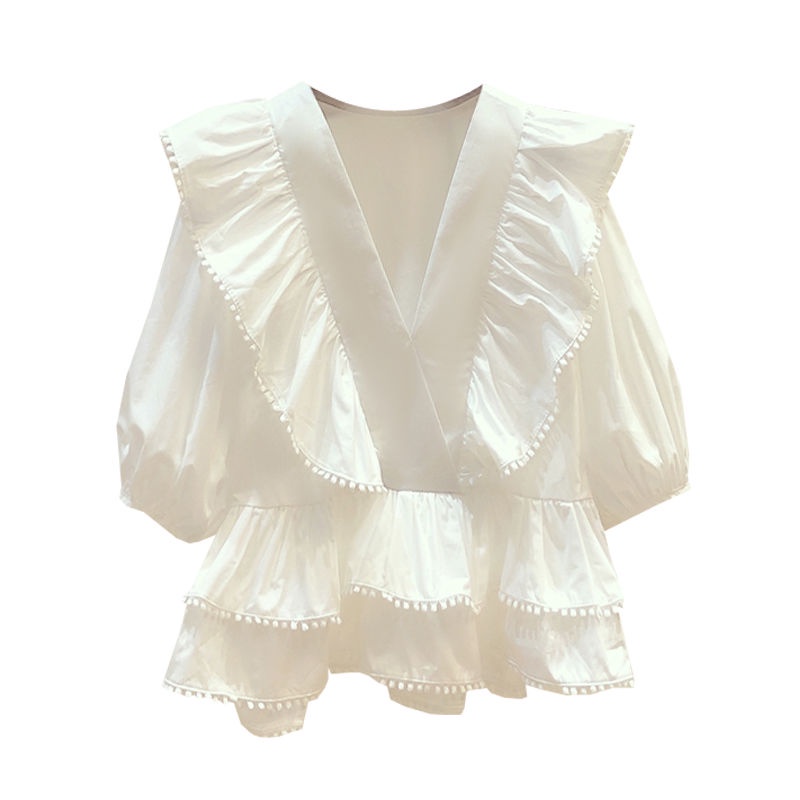 Jiashucheng Áo Sơ Mi Ngắn Tay Cổ Chữ V Eo Cao Phong Cách Thời Trang Pháp Ngọt Ngào Mùa Hè Hàng Mới Dành Cho Bạn Nữ