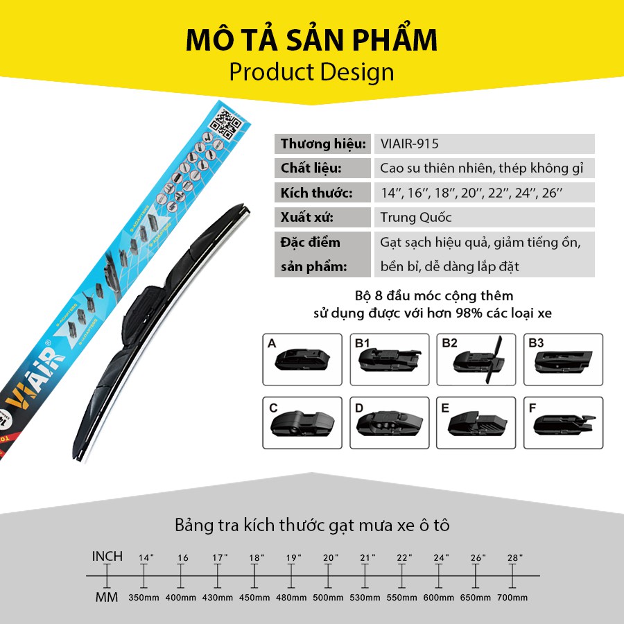 [Mã BMBAU50 giảm 10% đơn 99k] Gạt Mưa 14 Trong 1 VIAIR 915 (18 Inch/450 mm) Nhập Khẩu Chính Hãng