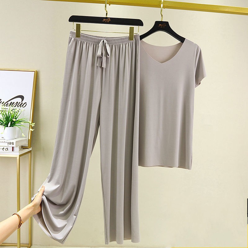 Bộ Đồ Ngủ 2 Món Áo Thun Tay Ngắn Cổ Chữ V + quần ống rộng Màu Trơn Vải Lụa Mát Thoáng Khí Plus Size Phong Cách Hàn Quốc Cho Nữ