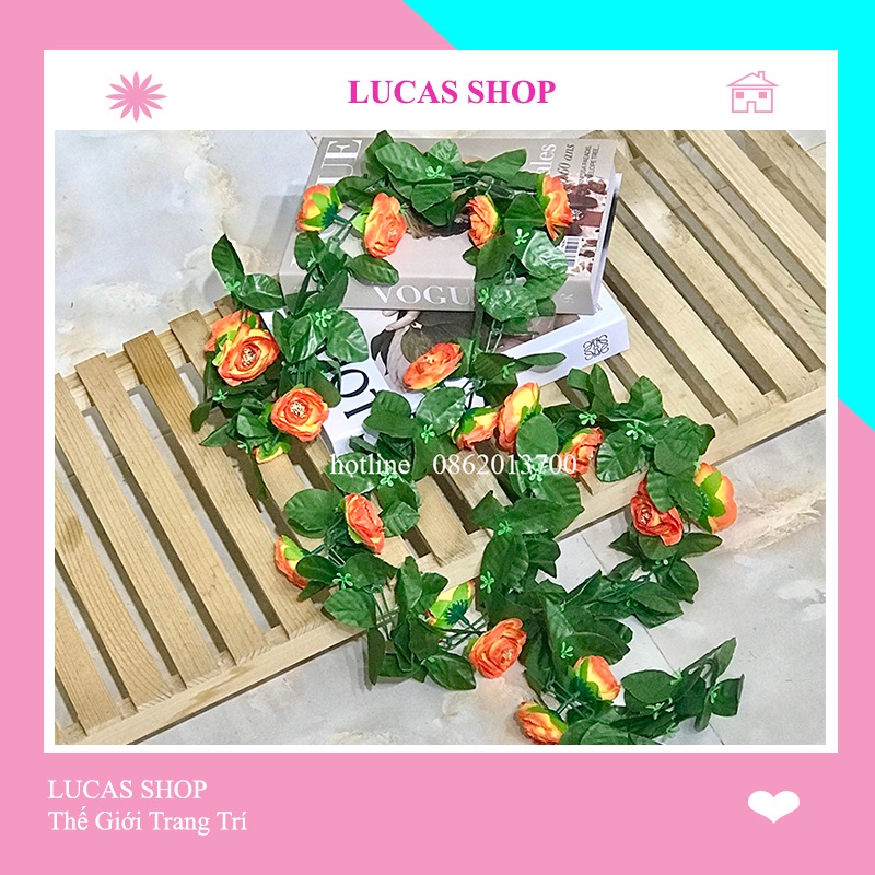 Hoa Giả - Dây Leo Hoa Hồng Trà 2m Trang Trí Tường Nhà, Quán Cafe, Studio