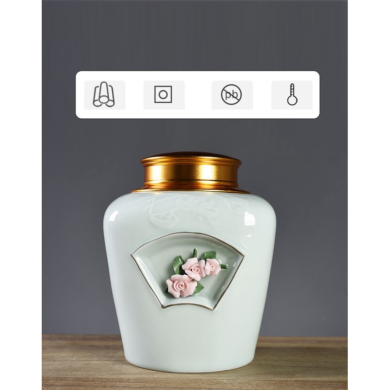Hũ, Bình Đựng Trà Bằng Sứ Cảnh Đức Trấn Nắp Đồng Vặn Ren 02 Lớp Siêu Khít Gắn Hoa Sứ Đẹp Mắt