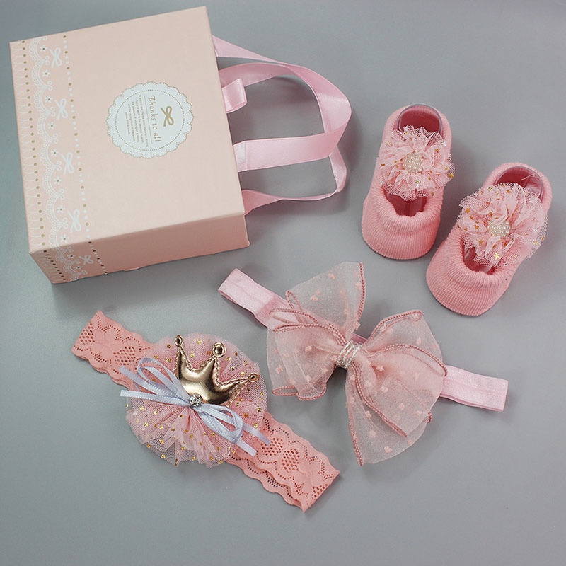 Set 3 Món Vớ Cotton Chống Trượt + Vớ Cotton Chống Trượt Đính Nơ Hoa + Băng Đô Cài Tóc Cho Bé Gái Sơ Sinh