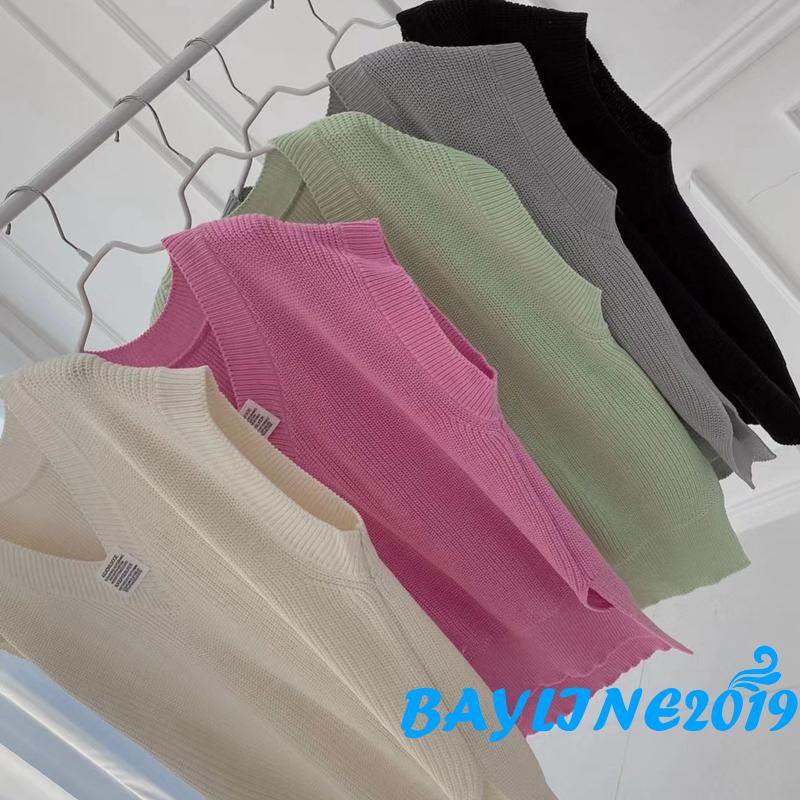 BAY-Áo khoác dệt kim sát nách cổ chữ V họa tiết chữ màu hồng/xám/đen/be cho nữ